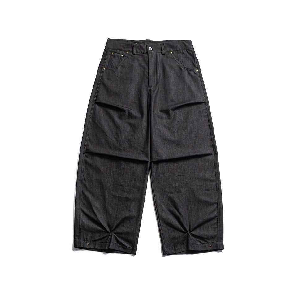 Gray wide-leg pants with pinched hem pleats, front flat lay view