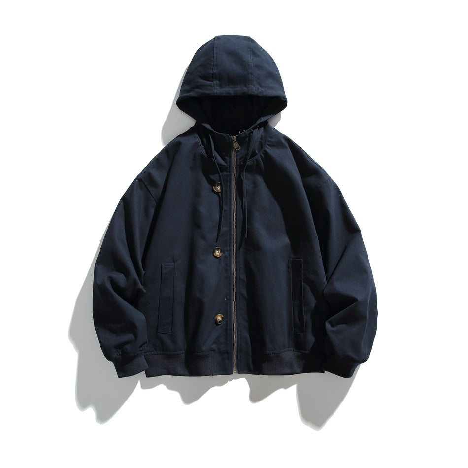 Navy hooded zip-front jacket flat lay with button placket, drawstrings, front pockets and ribbed cuffs and hem