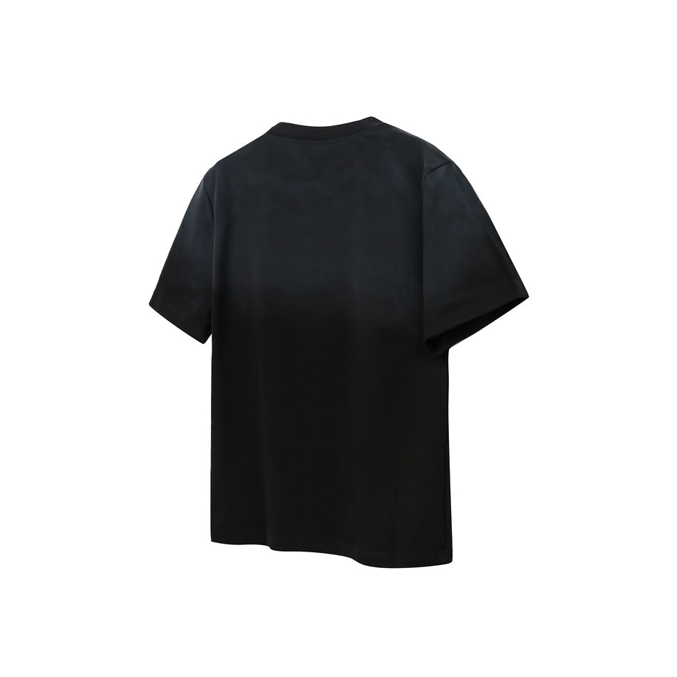 Back view of black short-sleeve crew-neck T-shirt with a subtle gray-to-black fade