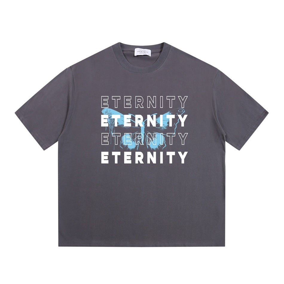 Gray short-sleeve T-shirt with stacked white ETERNITY lettering and a light blue butterfly graphic on the chest