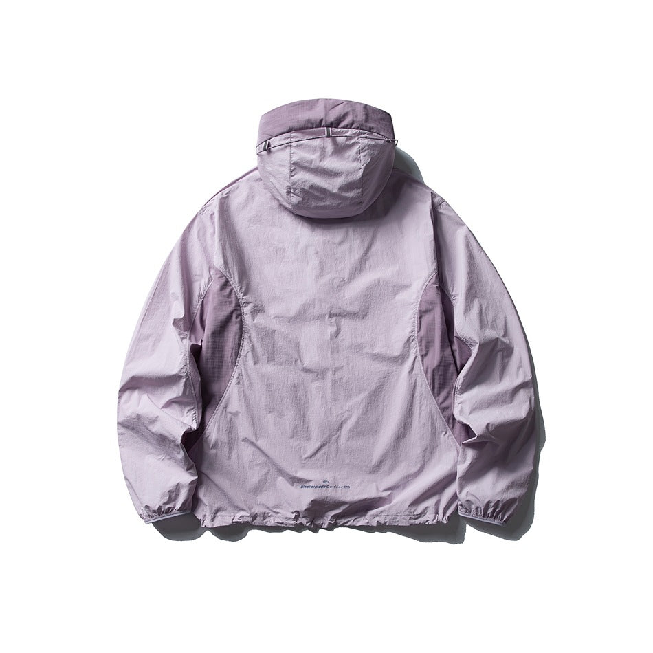 Rear view of a light lavender hooded jacket with elastic cuffs and hem, displayed flat against white.