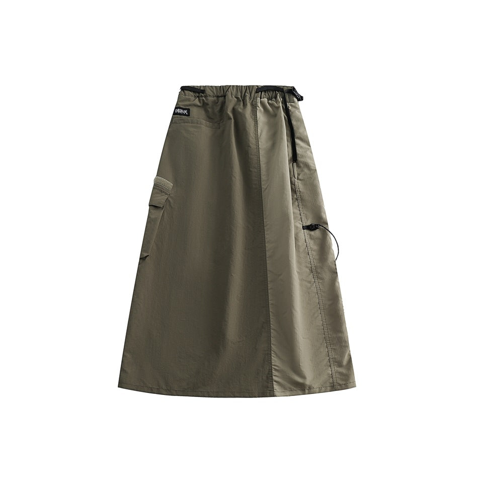 Army green midi A-line skirt flat lay with an elastic drawcord waist, side cargo pocket and a contrast side panel