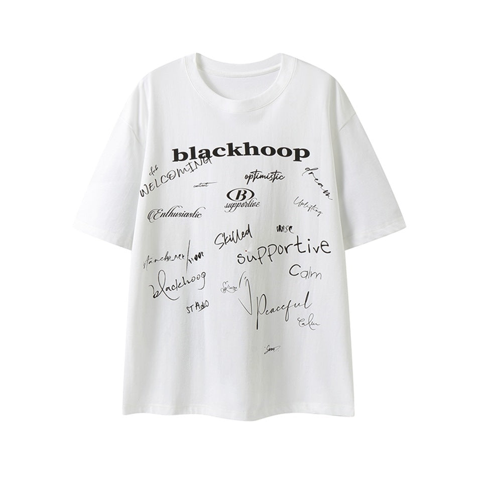 White crew-neck short-sleeve T-shirt with black blackhoop wordmark and handwritten-style word print on the front