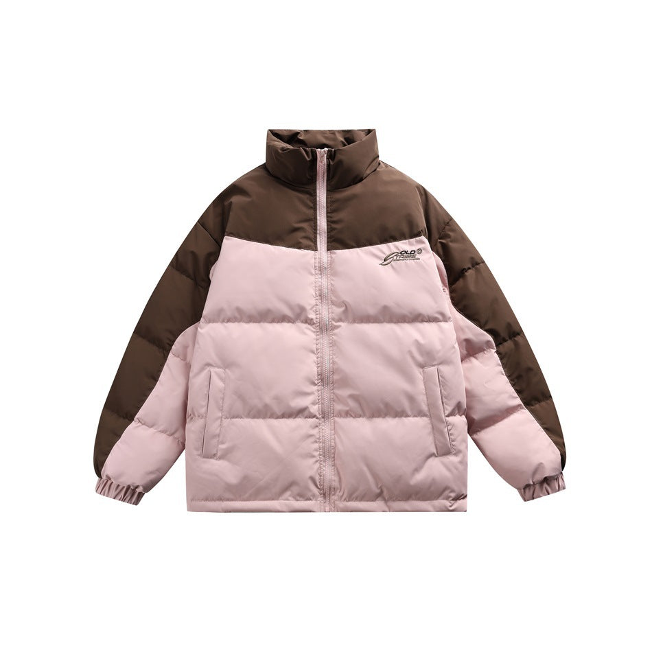 Pink and brown color-block puffer jacket with stand collar and front zipper, flat front view
