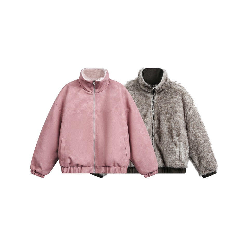 Two jacket views show a dusty pink outer side and a gray-brown plush side, both with stand collars.