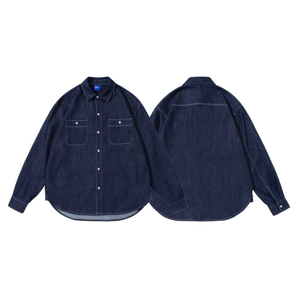 Dark indigo long-sleeve button-up shirt shown flat from the front and back, with two buttoned chest pockets.