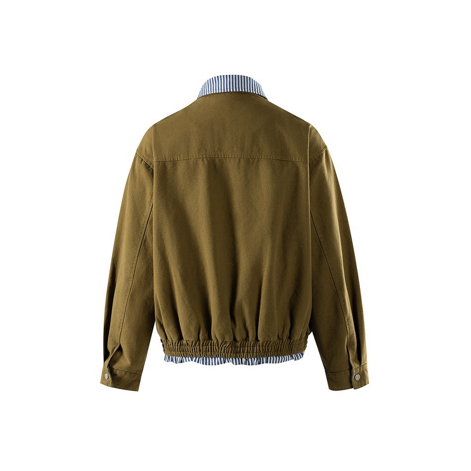 Back view of an olive-brown jacket with a blue-and-white striped collar and gathered hem.