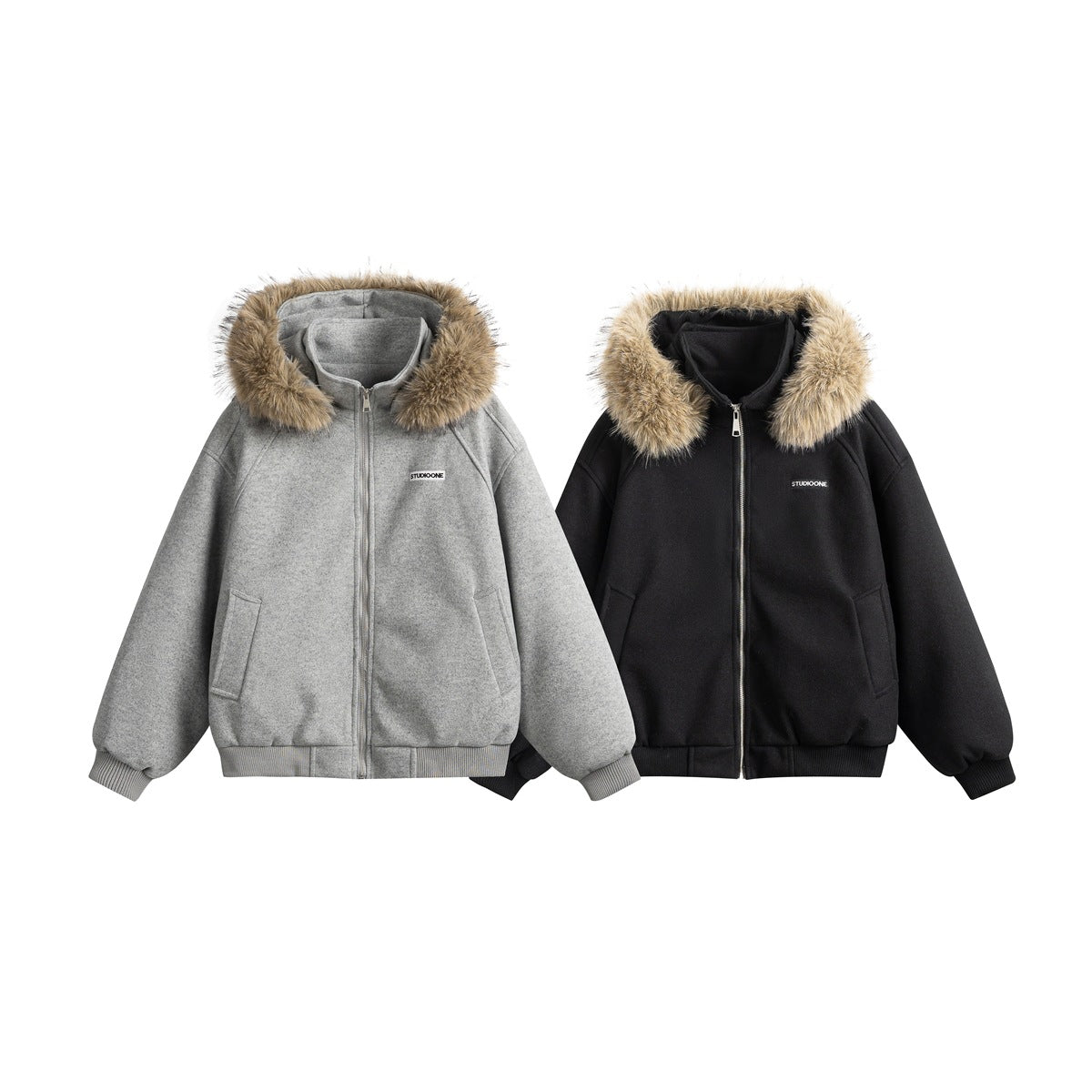 Two front views of hooded zip-up jackets with fur trim, one light gray and one black.