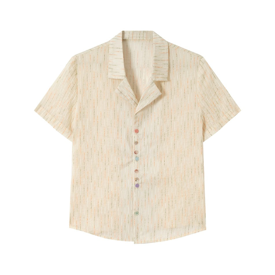 Apricot-beige striped short-sleeve button-front shirt with camp collar and multicolored buttons, flat lay front view
