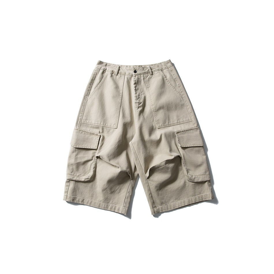 Khaki cargo shorts flat lay with front patch pockets, side flap cargo pockets and button zip fly