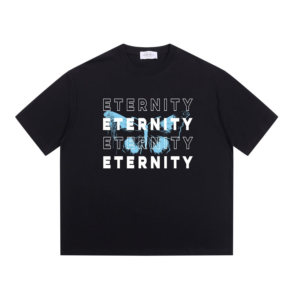 Black short-sleeve T-shirt with stacked ETERNITY lettering and a light blue butterfly graphic on the chest