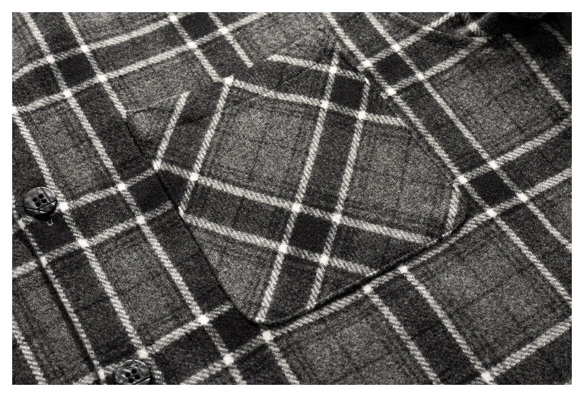 Close-up of a dark gray and black plaid garment with a flap pocket and black buttons.