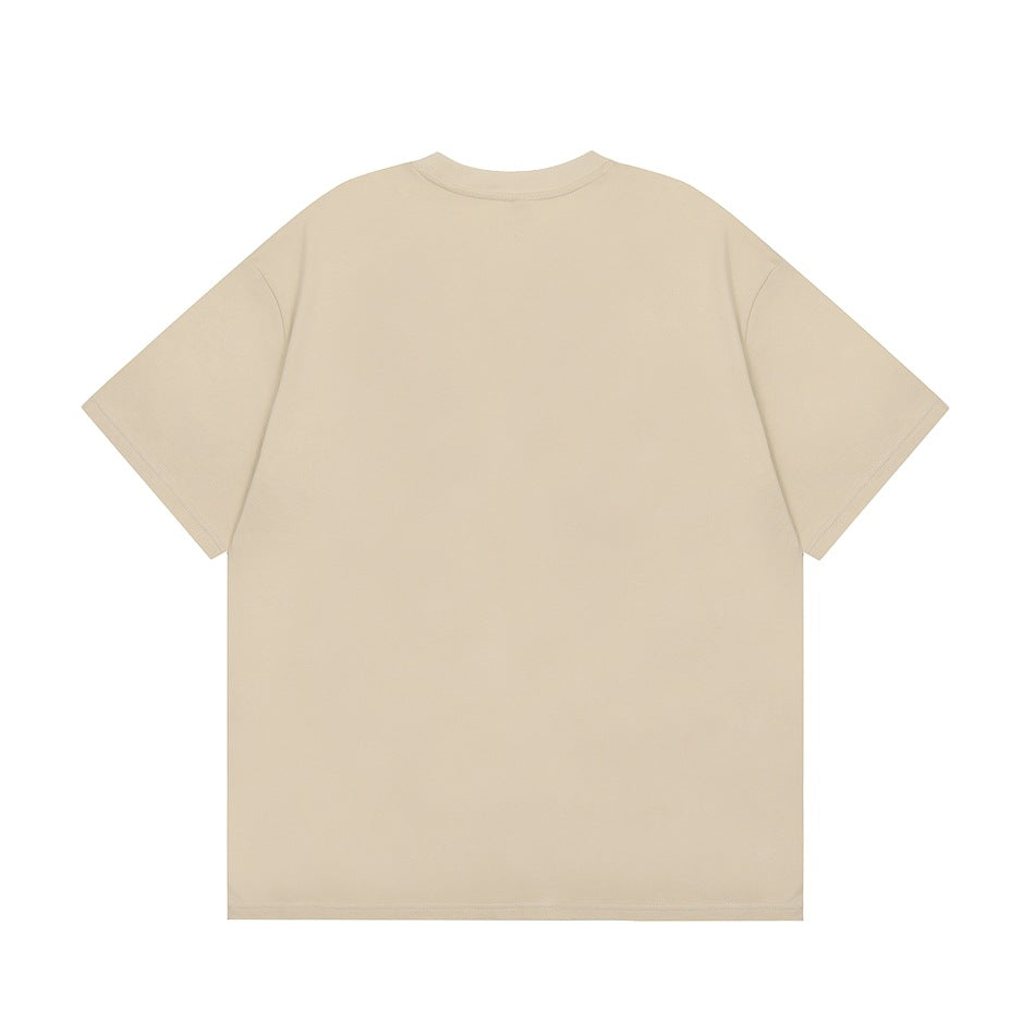 Back view of a plain, light beige short-sleeve crew-neck T-shirt laid flat.