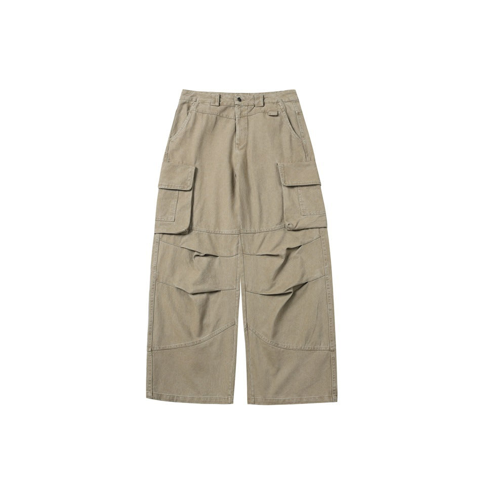 Khaki washed wide-leg cargo pants, front flat view with flap thigh pockets and pleated knees