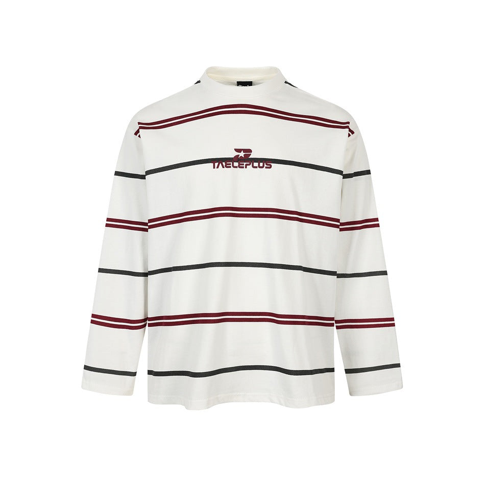 White long-sleeve striped top with maroon and dark gray horizontal stripes and a small maroon chest print, front view