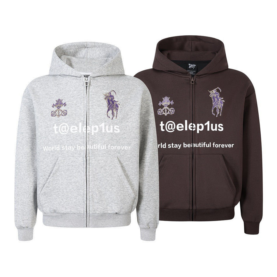 Two front views of zip-up hoodies in light gray and dark brown, with hoods, pockets, purple embroidery, and white lettering.