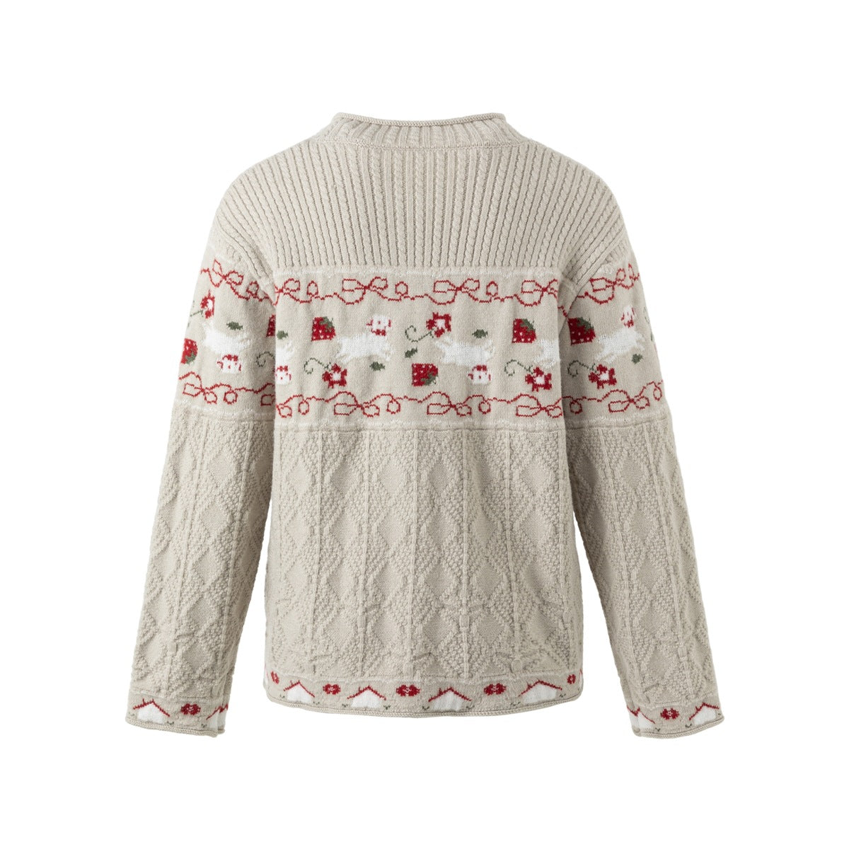 Back view of gray-beige knit cardigan with ribbed yoke, strawberry jacquard band and diamond cable pattern