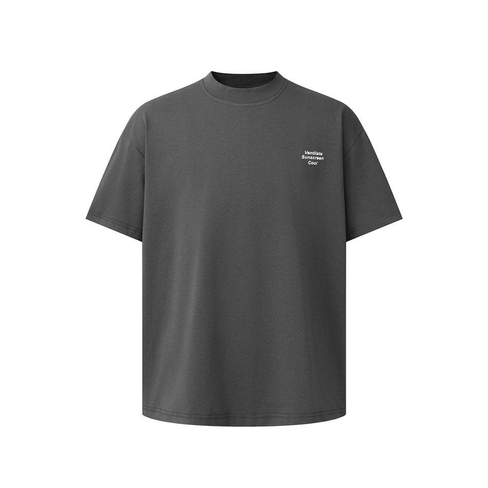 Front view of a charcoal short-sleeve crew-neck T-shirt with small white chest lettering.