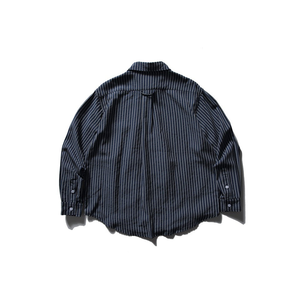 Back view of navy striped long-sleeve shirt showing center pleat, collar loop and button cuffs