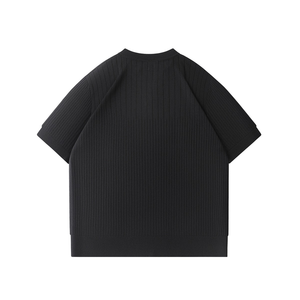 Back view of a black ribbed short-sleeve top with a crew neck and ribbed hem and cuffs.