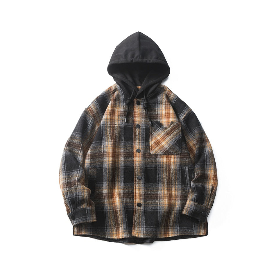 Brown, orange and black plaid hooded jacket with black hood, drawstrings, snap buttons and chest pocket, flat front view