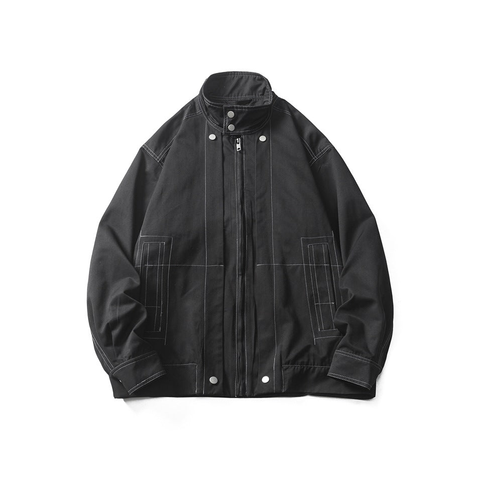 Black stand-collar zip jacket with white contrast stitching, snap buttons and side pocket details, flat front view
