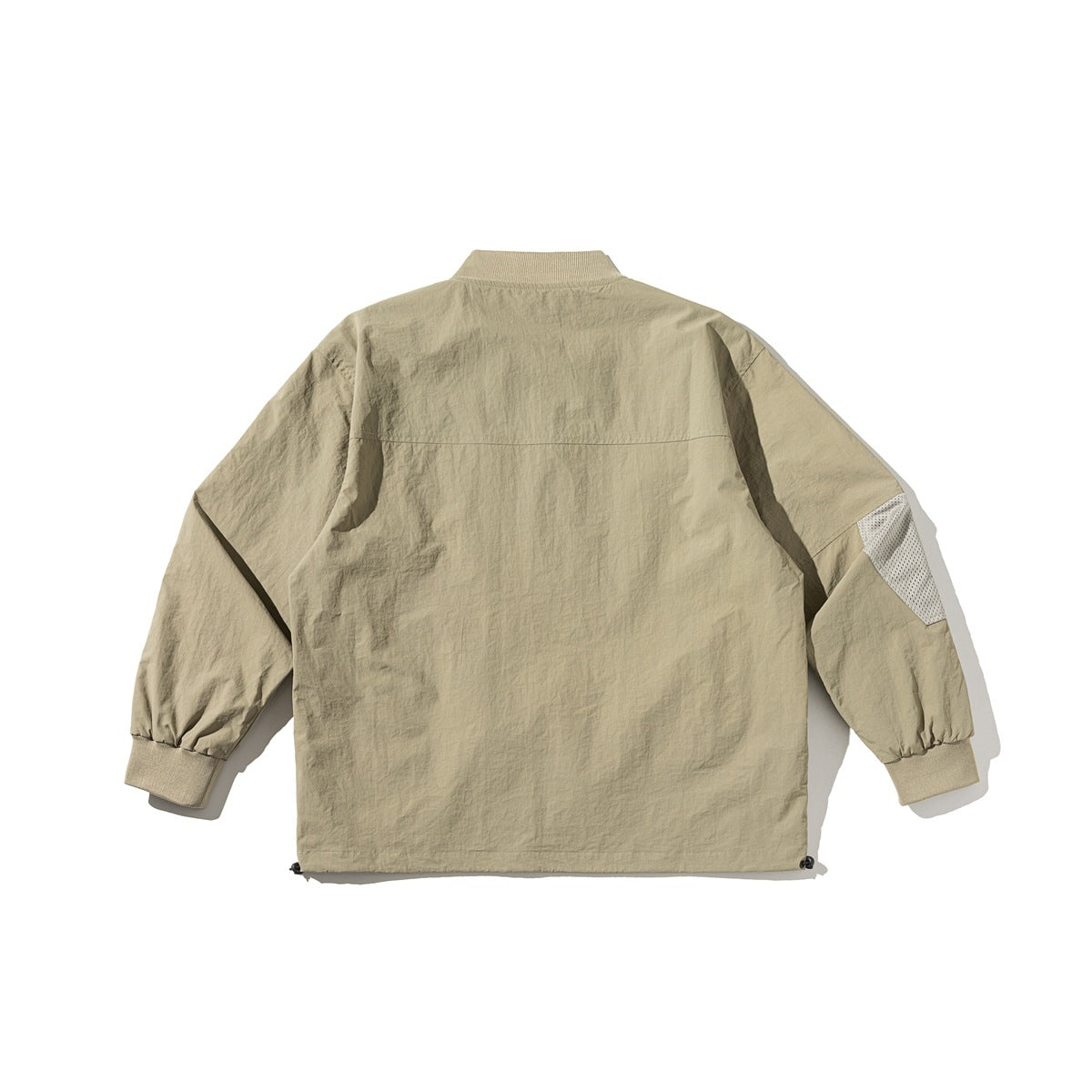 Back view of a khaki pullover jacket with long sleeves, ribbed cuffs and a mesh panel on one sleeve.