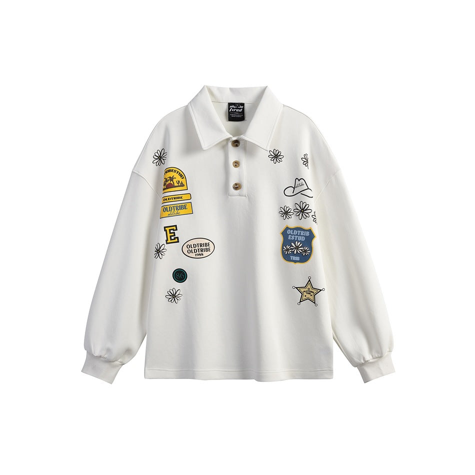 White long-sleeve polo sweatshirt with three buttons, daisy outlines and patch-style graphic prints, front view