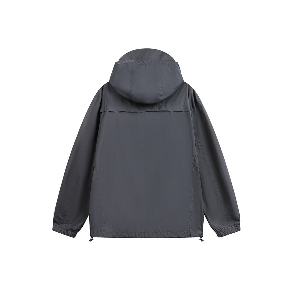 Back view of a dark gray hooded jacket with elastic cuffs and adjustable hem cords on a white background.