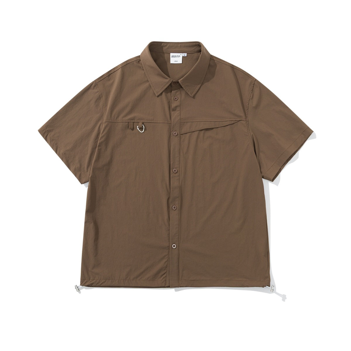 Brown short-sleeve button-up shirt with pointed collar, diagonal chest pocket, metal ring detail and drawcord hem