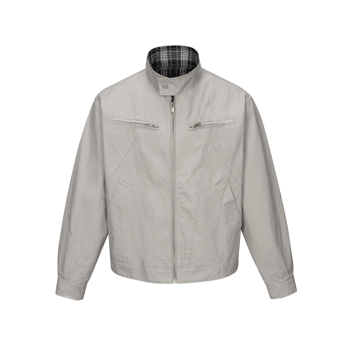 Light gray zip-front stand-collar jacket with zippered chest pockets and plaid collar lining, front flat view