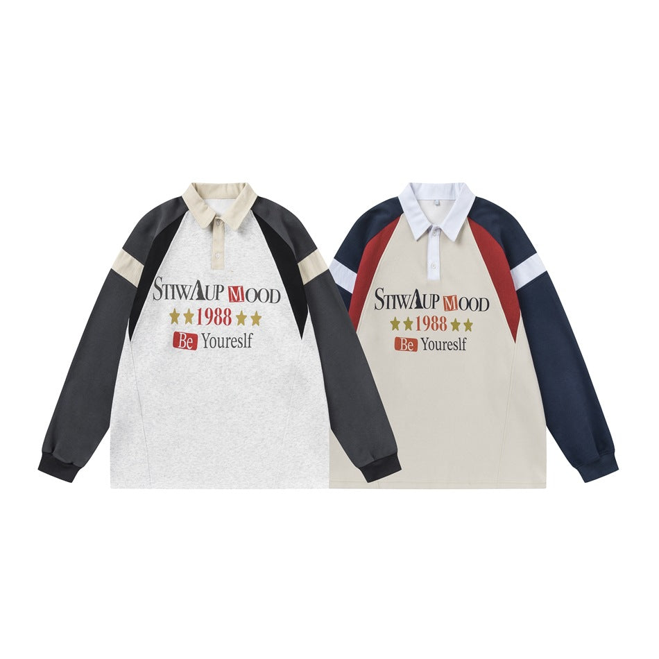 Two front-facing polo sweatshirts: one light gray with charcoal and cream panels, and one cream with navy and red panels.