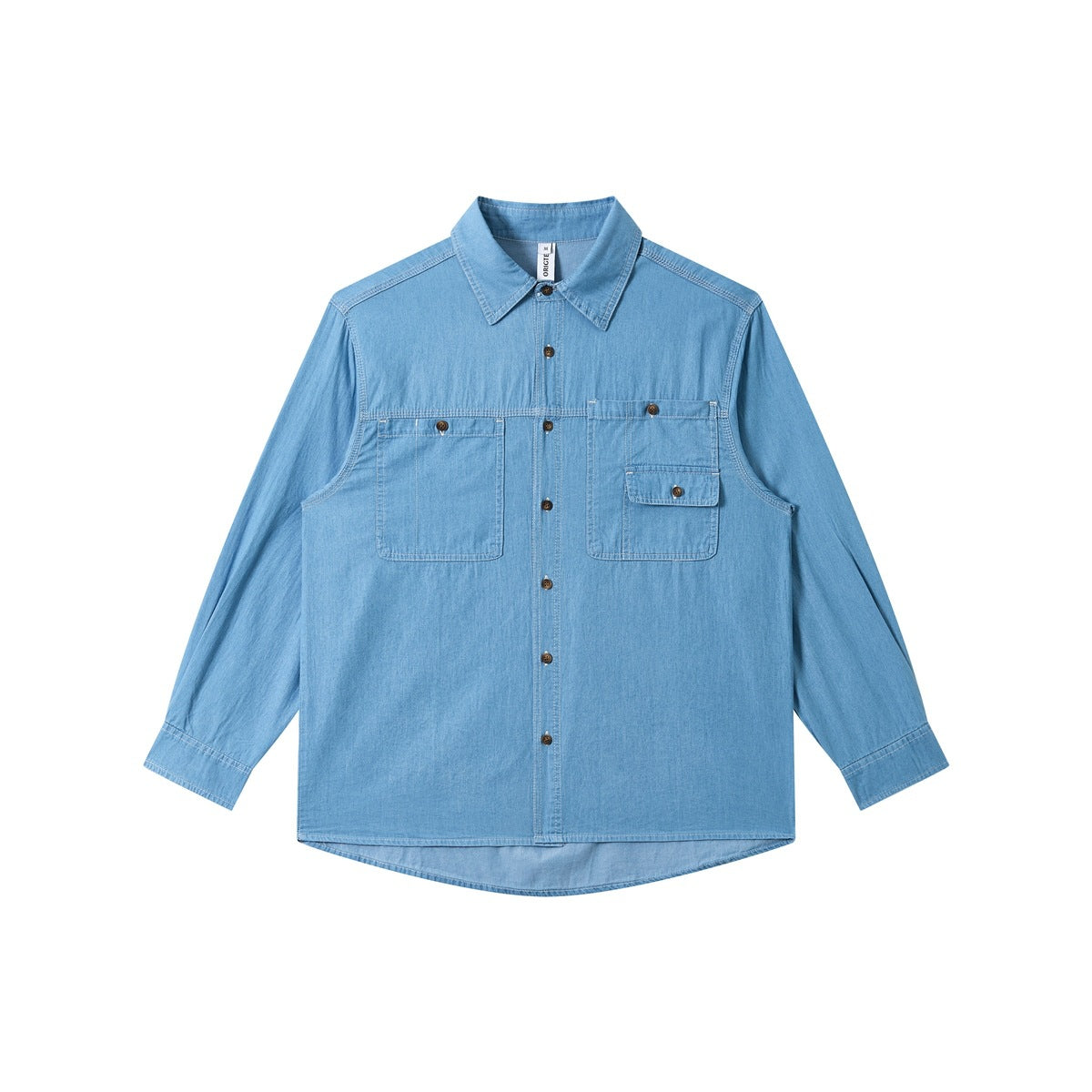 Light blue long-sleeve button-up shirt with two chest pockets, flat lay front view