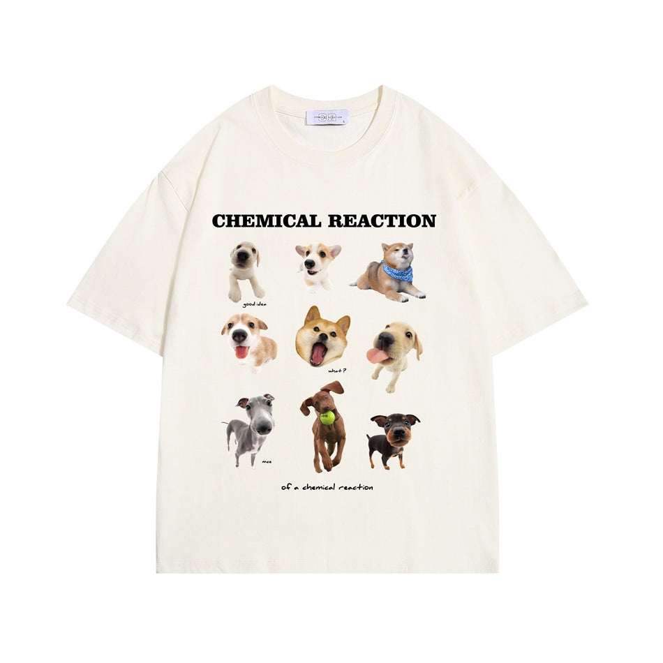 Apricot cream short-sleeve T-shirt with CHEMICAL REACTION text and a 3x3 grid of dog photo prints on the front