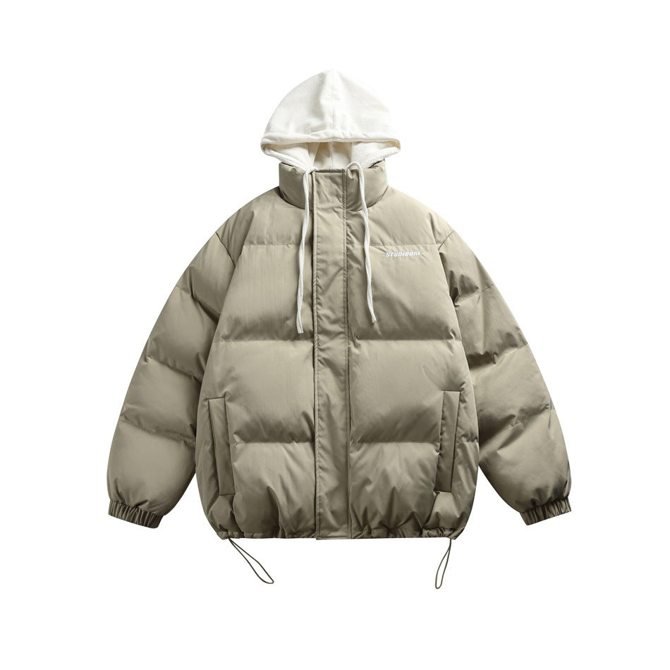 Khaki puffer jacket with cream layered hood, white drawstrings, front zip, pockets and hem toggles, flat front view