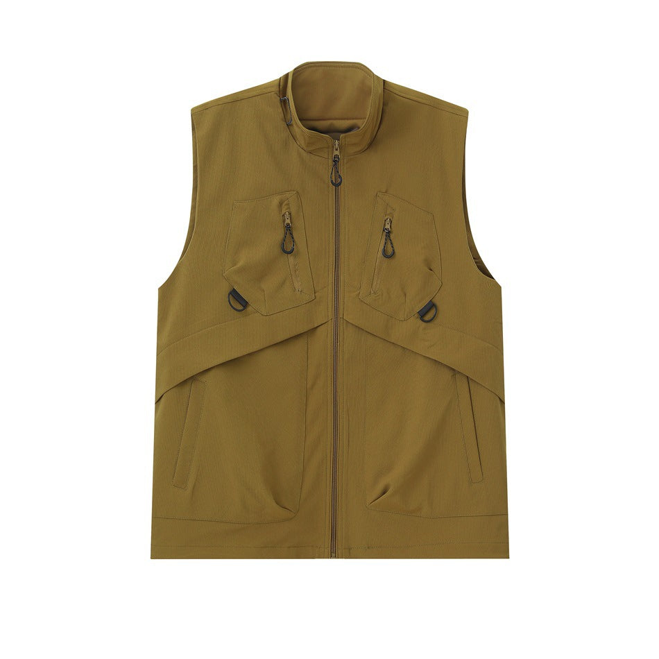 Yellow olive zip-front utility vest with stand collar, chest zip pockets and large lower pockets, flat lay front view