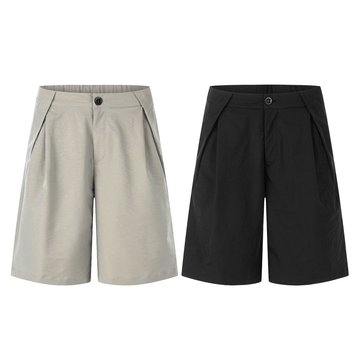 Two pairs of pleated shorts shown from the front, in light gray and black.