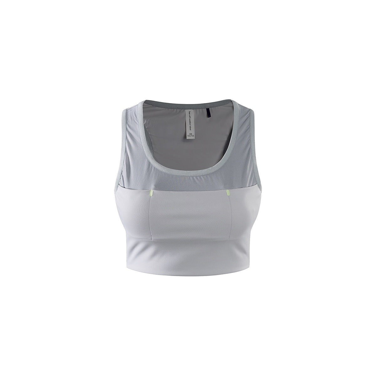 Misty silver gray cropped sleeveless tank top with scoop neckline and gray mesh upper panel, front view