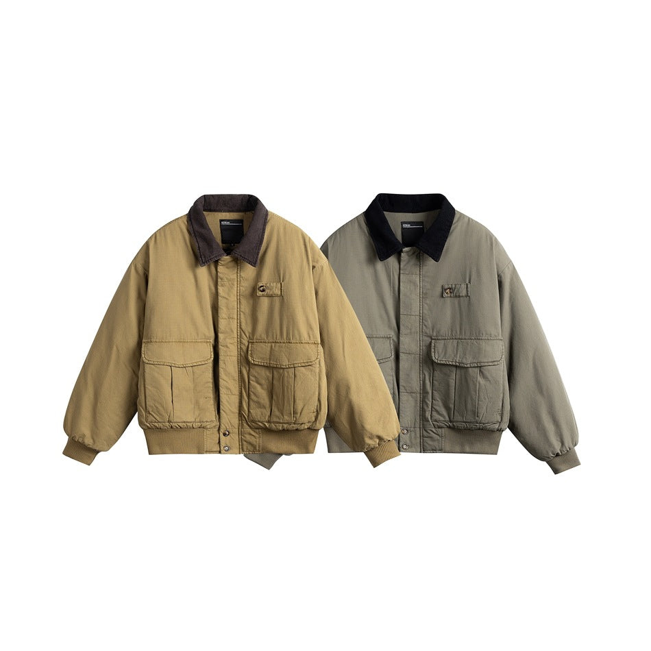 Front view of two utility jackets: tan with a dark brown collar and gray olive with a black collar, both with flap pockets.