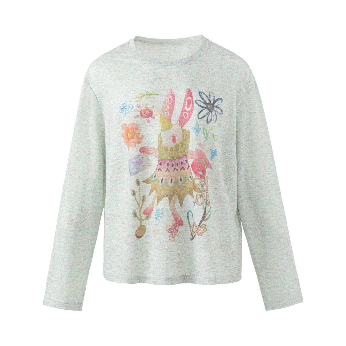 Pale mint-blue long-sleeve crew-neck top with colorful rabbit and flower print, flat lay front view