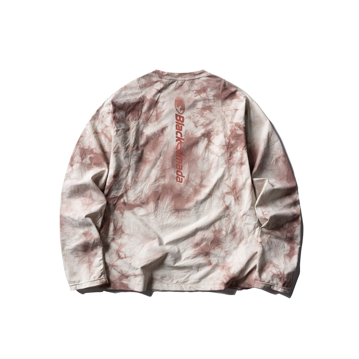 Flat lay of a cream and dusty-pink tie-dye long-sleeve crewneck shirt, back view, with vertical rose lettering.