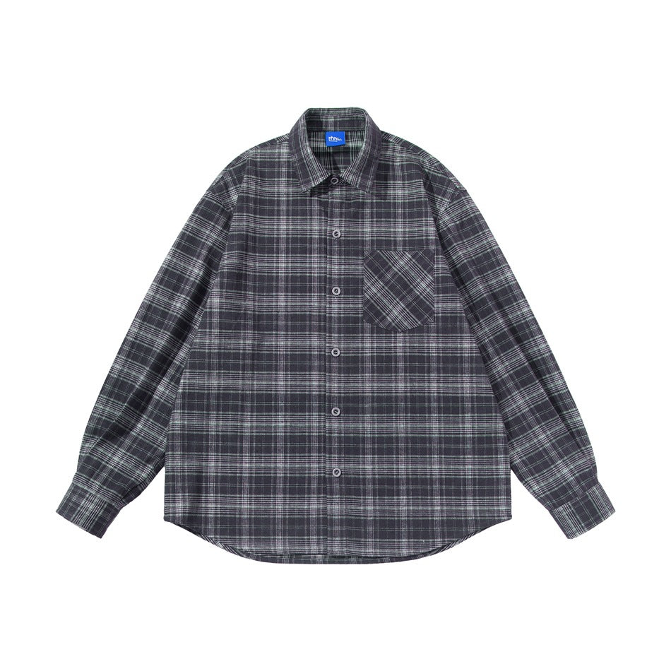 Navy gray plaid long-sleeve button-up shirt with chest pocket, flat lay front view