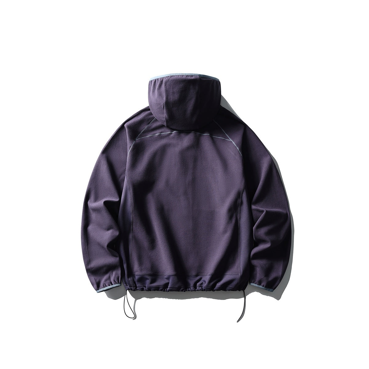 Rear view of a deep purple hooded jacket with pale blue seam accents and drawcords at the hem.
