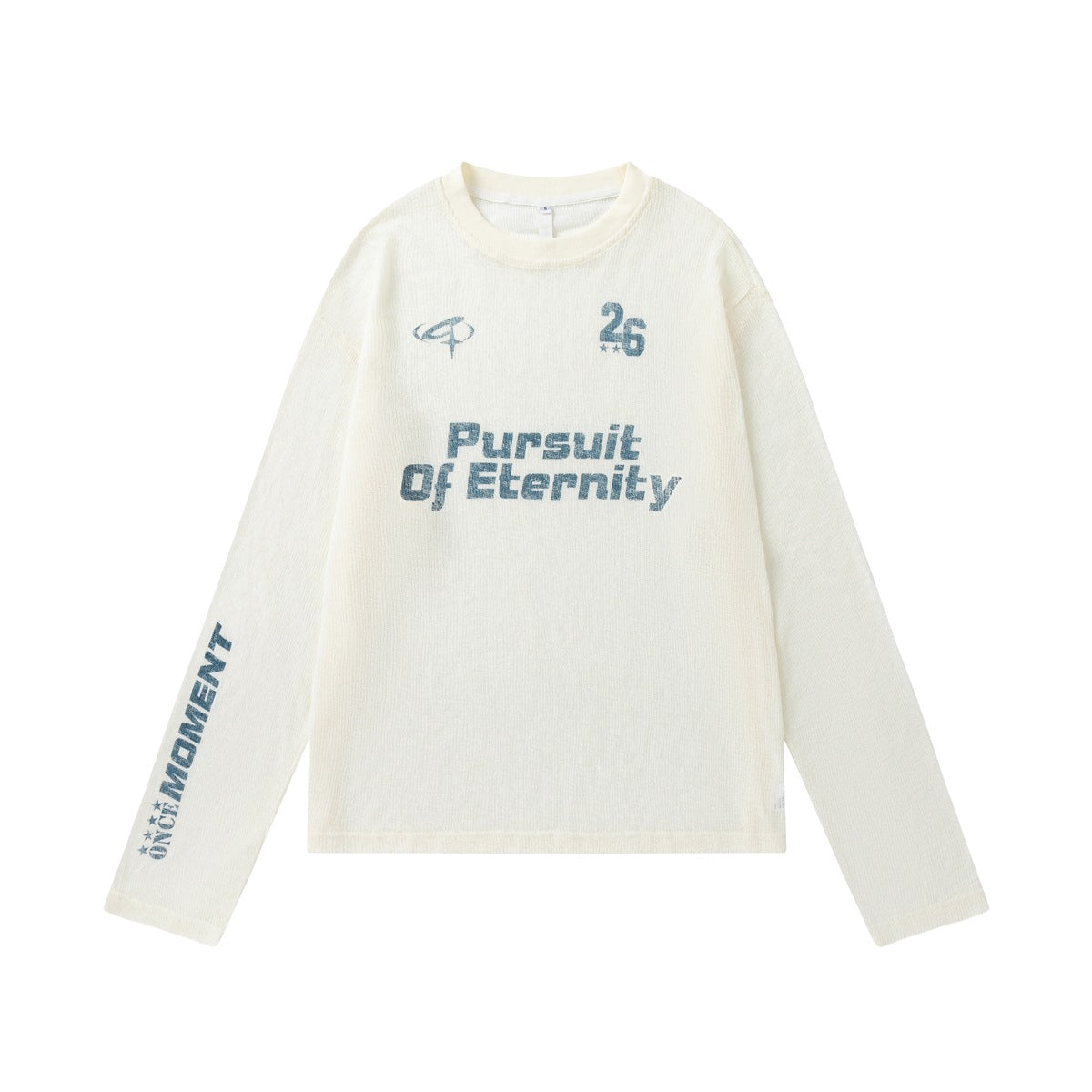 Off-white long-sleeve crew-neck top with blue 'Pursuit Of Eternity' chest print, 26 number and sleeve text, flat lay