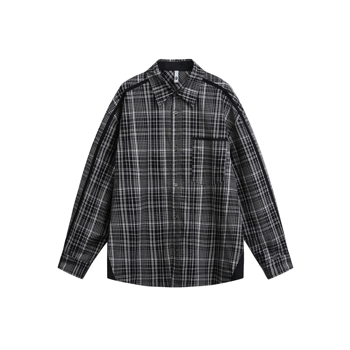 Black and white plaid long-sleeve button-up shirt with chest pocket and black shoulder stripes, flat front view