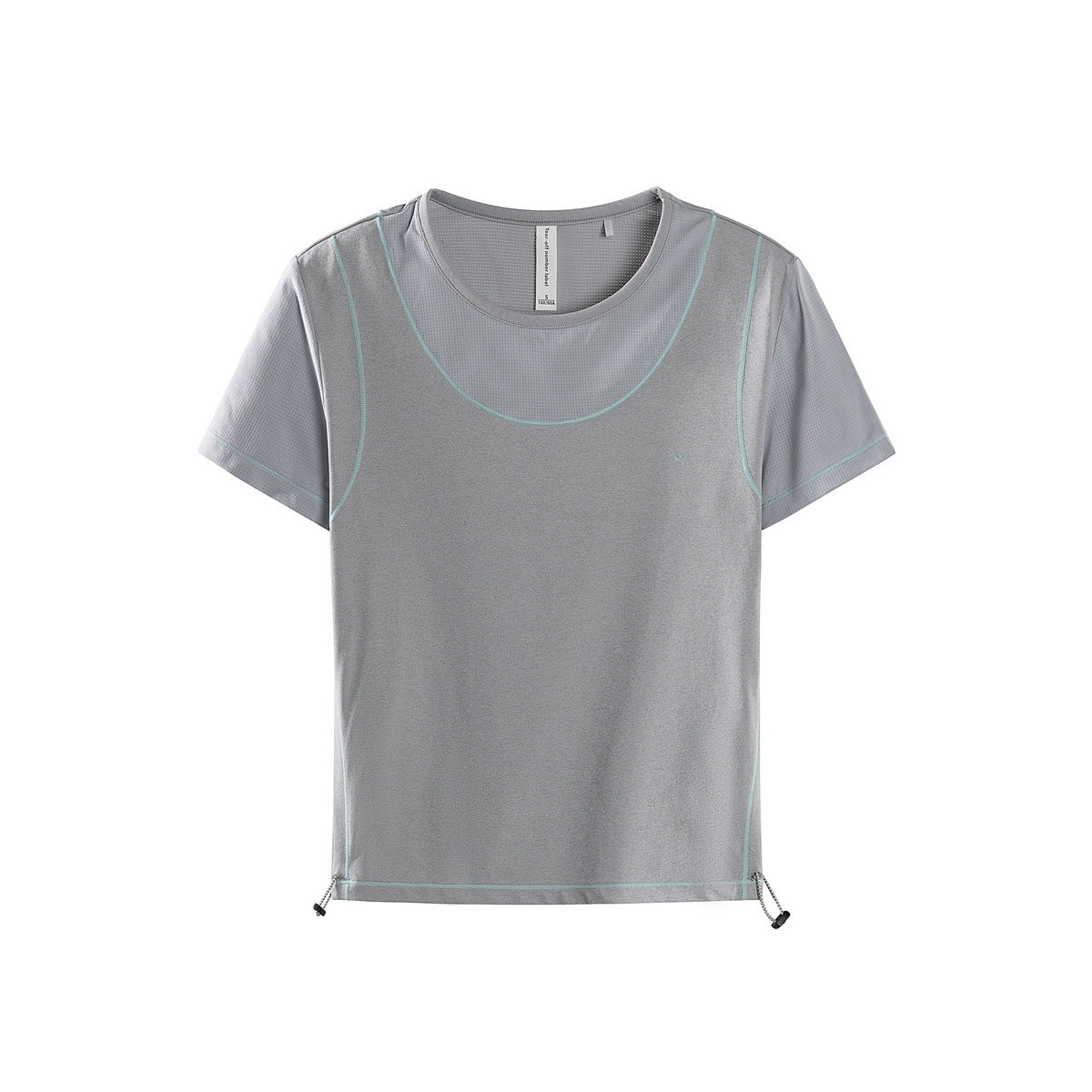 Light gray short-sleeve t-shirt with aqua contrast topstitching, mesh sleeves and side drawcord toggles, flat front view