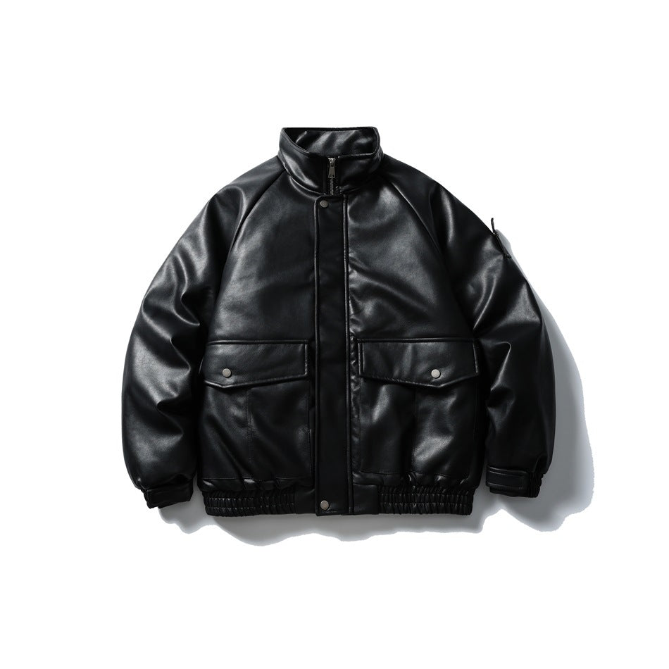 Black faux-leather stand-collar zip jacket with two flap chest pockets and elastic hem, front view on white