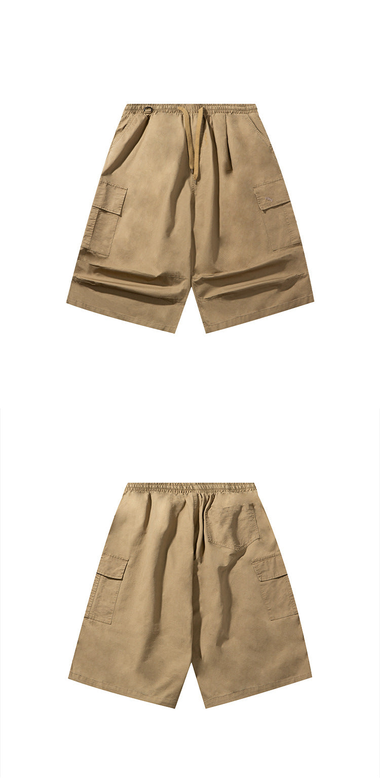 Tan wide-leg cargo shorts shown from the front above and back below, with elastic waist, drawstring and side pockets.