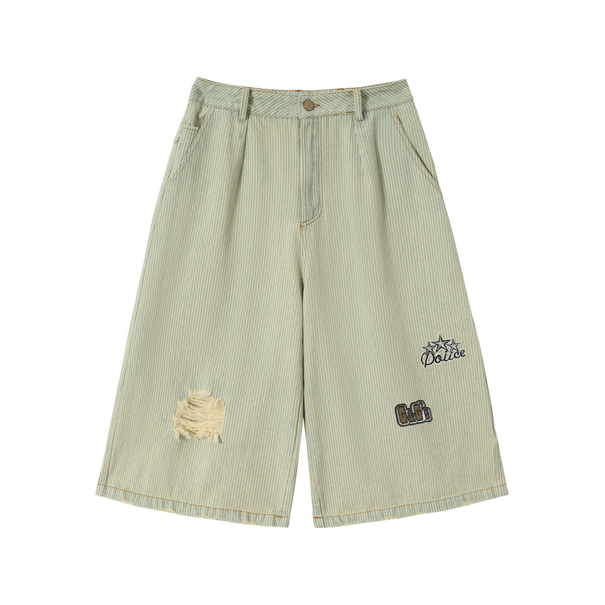 Front of faded green-blue striped wide-leg knee-length denim shorts with a ripped knee and embroidered patches