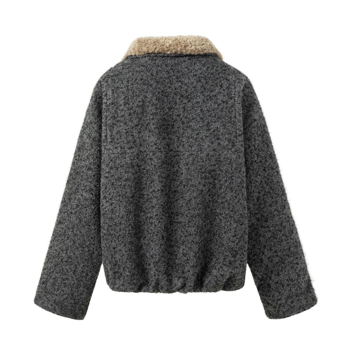 Back view of dark gray textured jacket with tan pile collar folded down and gathered hem